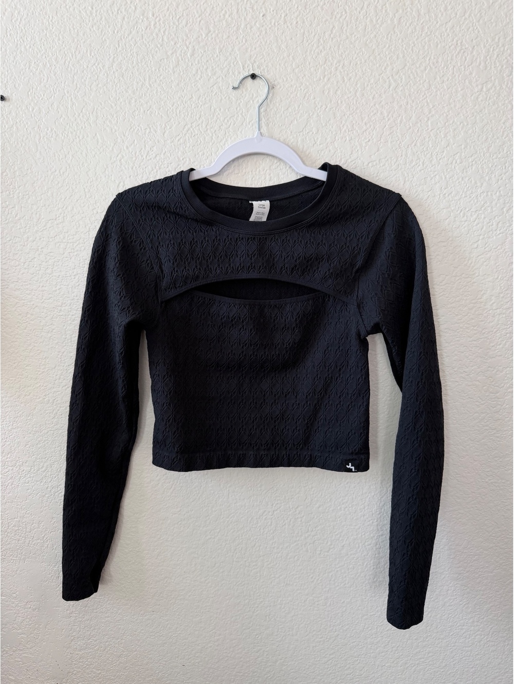 JOYLAB Black Long Sleeve Textured Crop Top with Chest Cutout athletic wear gym